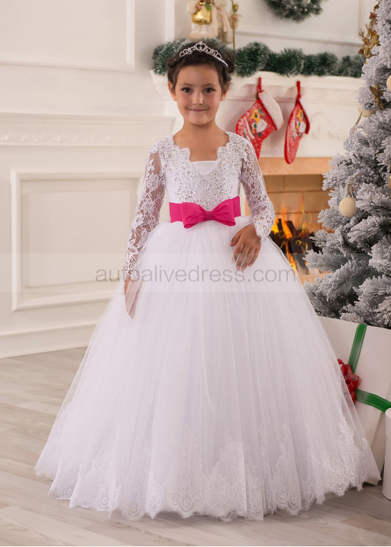 V Neck White Lace Tulle Long Sleeves Beaded Flower Girl Dress